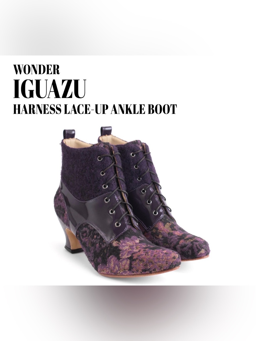 Fluevog LIKE NEW Wonder Iguazu purple floral patent/wool/tapestry ankle boot-7.5